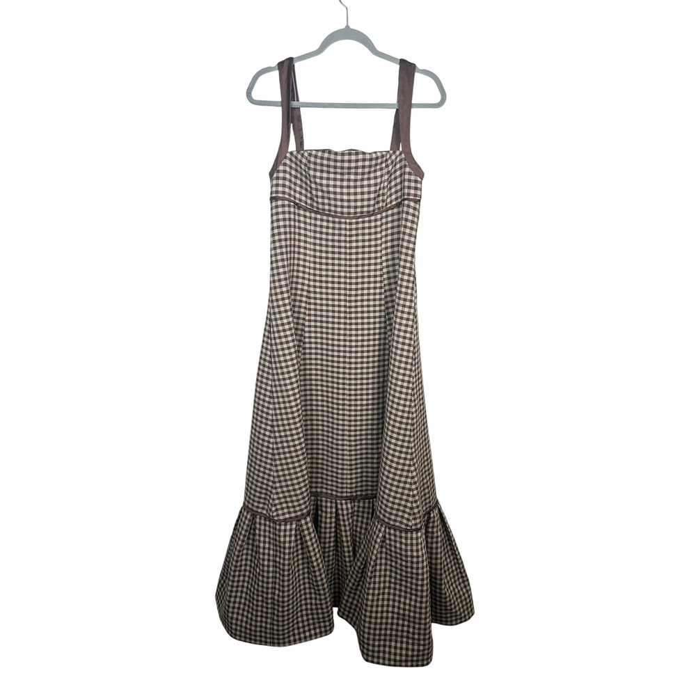 Checked Maxi Dress with Ruffle Hem - Brown